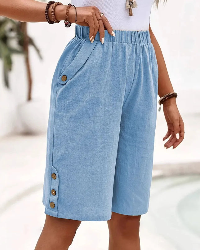 Women's Shorts | Knee Length Elastic Waist Button Detail