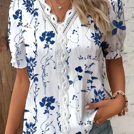 Women’s Blouse | Lace V-Neck Printed