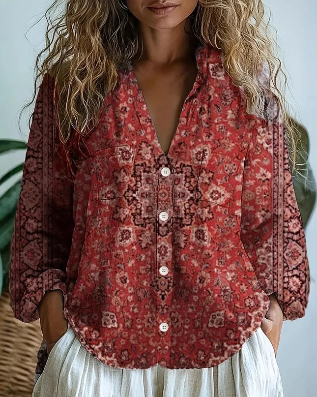 Women’s Blouse | Printed V-Neck Long Sleeve
