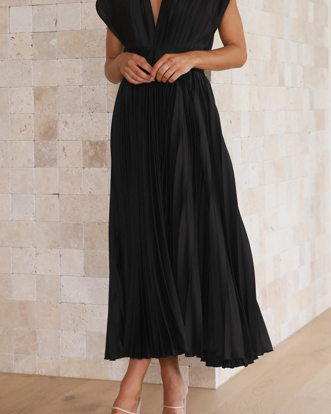 Women's Dress | Pleated Maxi V-Neck Tie Waist
