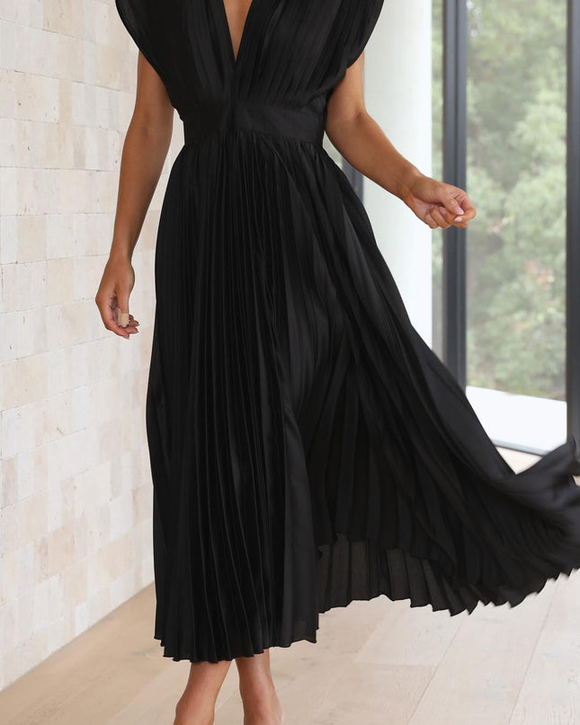 Women's Dress | Pleated Maxi V-Neck Tie Waist