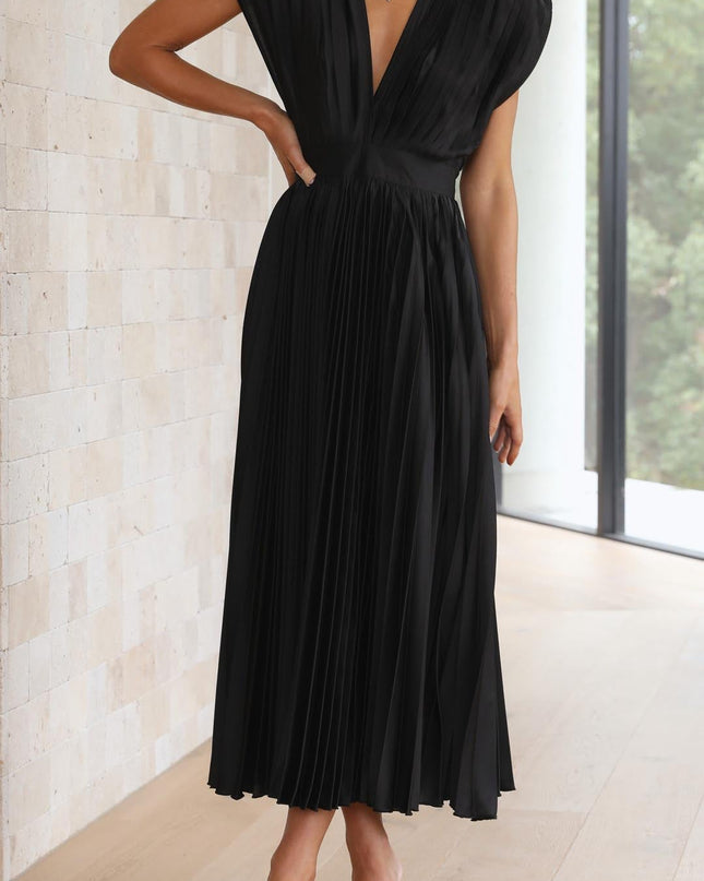Women's Dress | Pleated Maxi V-Neck Tie Waist
