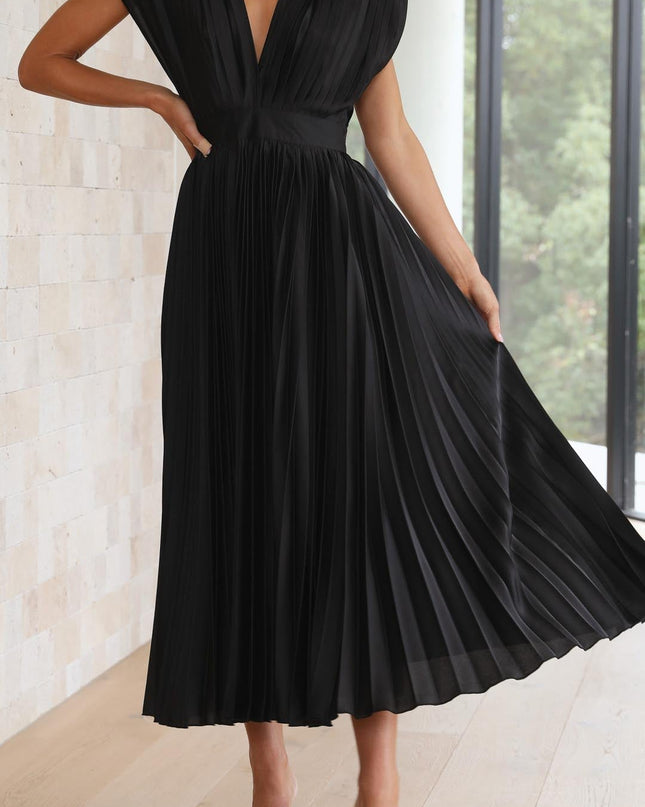 Women's Dress | Pleated Maxi V-Neck Tie Waist