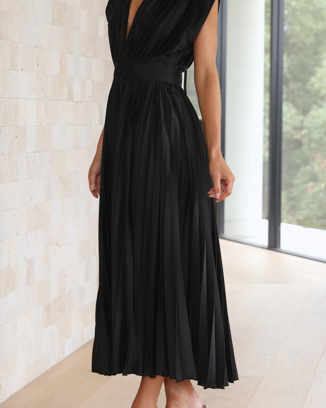 Women's Dress | Pleated Maxi V-Neck Tie Waist