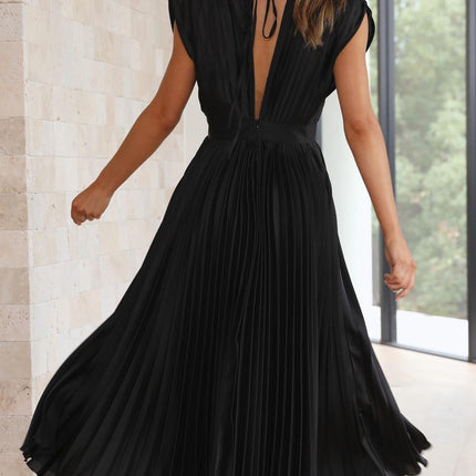 Women's Dress | Pleated Maxi V-Neck Tie Waist