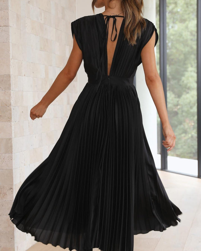Women's Dress | Pleated Maxi V-Neck Tie Waist