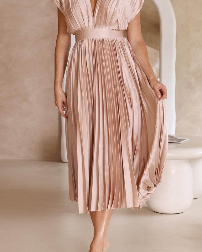 Women's Dress | Pleated Maxi V-Neck Tie Waist