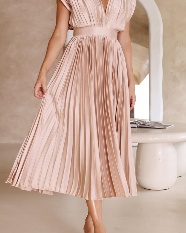 Women's Dress | Pleated Maxi V-Neck Tie Waist