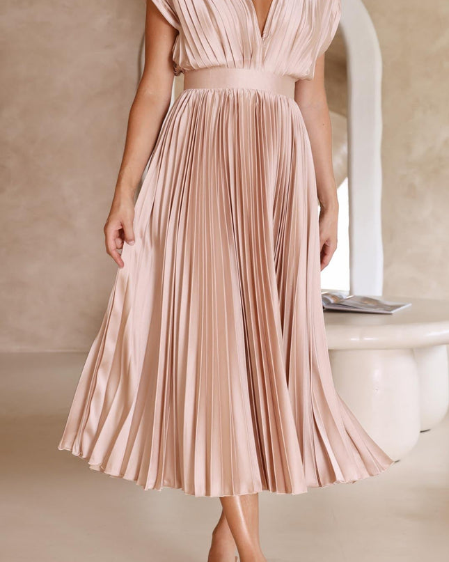 Women's Dress | Pleated Maxi V-Neck Tie Waist