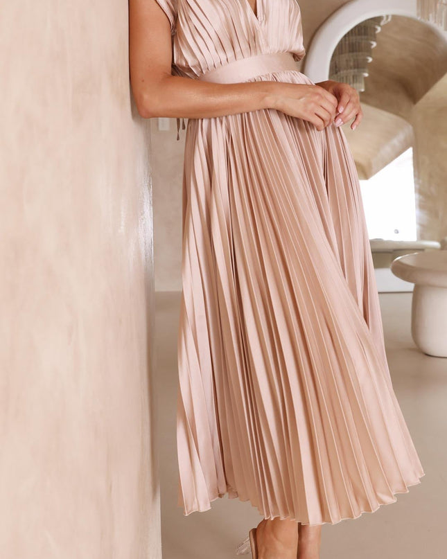 Women's Dress | Pleated Maxi V-Neck Tie Waist