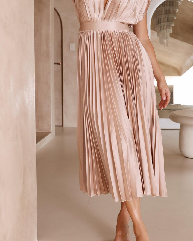 Women's Dress | Pleated Maxi V-Neck Tie Waist