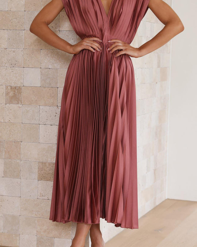 Women's Dress | Pleated Maxi V-Neck Tie Waist