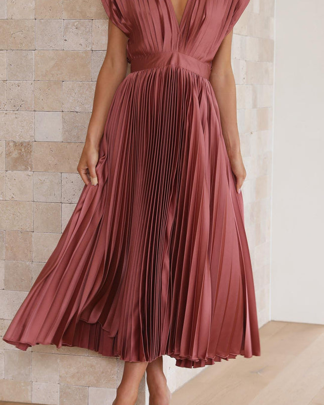 Women's Dress | Pleated Maxi V-Neck Tie Waist
