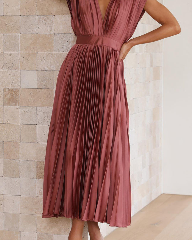Women's Dress | Pleated Maxi V-Neck Tie Waist