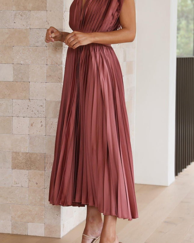 Women's Dress | Pleated Maxi V-Neck Tie Waist