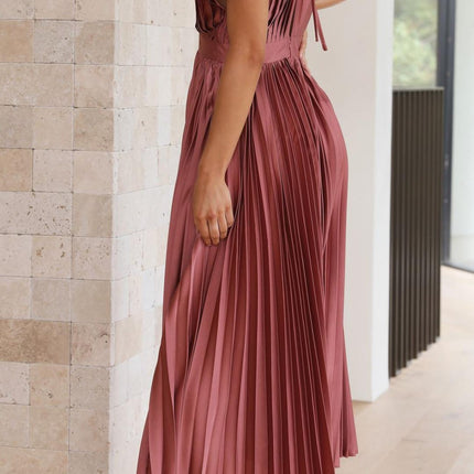Women's Dress | Pleated Maxi V-Neck Tie Waist