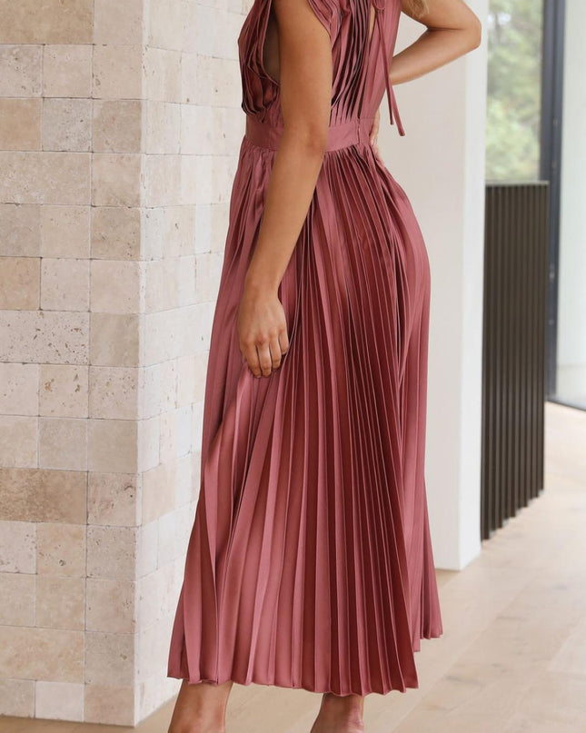 Women's Dress | Pleated Maxi V-Neck Tie Waist