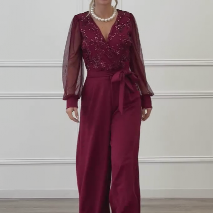 Meira - Mesh Long Sleeves Embellished Jumpsuit