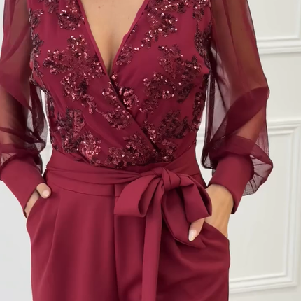 Meira - Mesh Long Sleeves Embellished Jumpsuit
