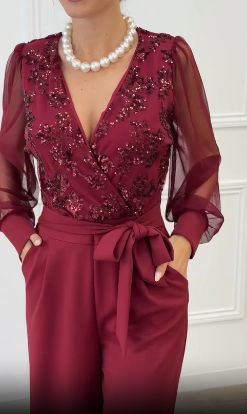 Meira - Mesh Long Sleeves Embellished Jumpsuit