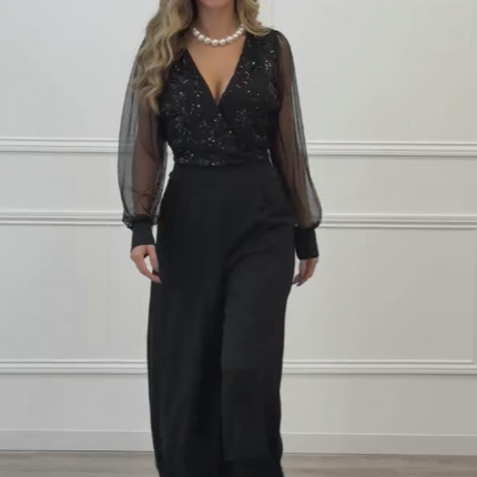 Meira - Mesh Long Sleeves Embellished Jumpsuit