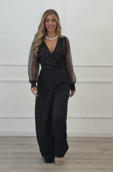 Meira - Mesh Long Sleeves Embellished Jumpsuit