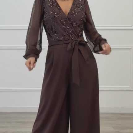 Meira - Mesh Long Sleeves Embellished Jumpsuit