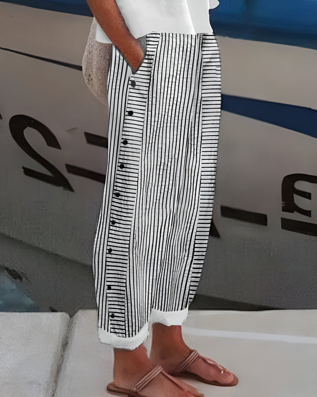 Women's Trousers | Stripe Panel Button Detail