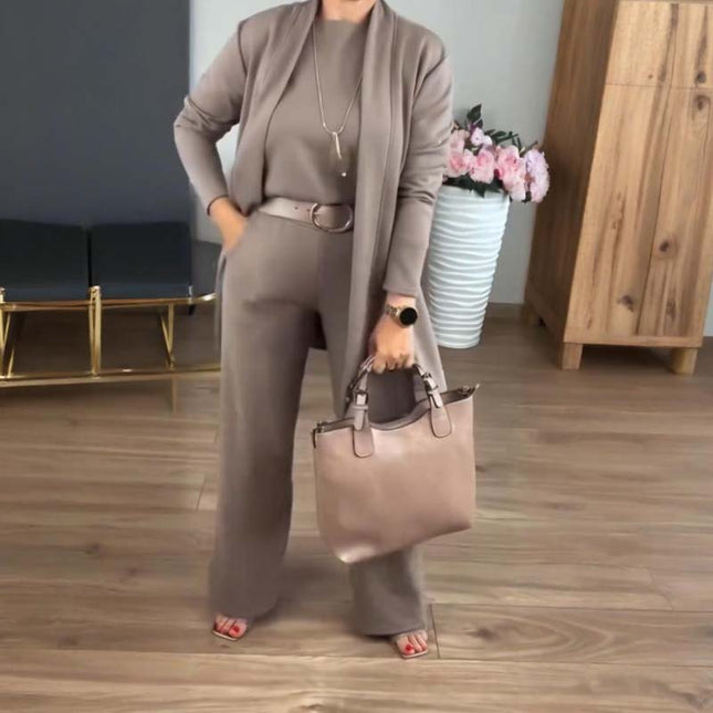 Elegant 3-Piece Set With Longline Cardigan, Top And Trousers
