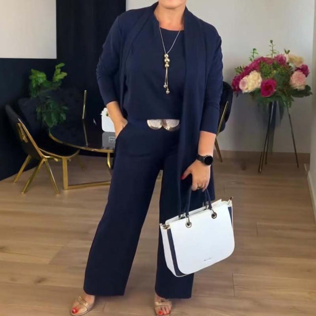Elegant 3-Piece Set With Longline Cardigan, Top And Trousers